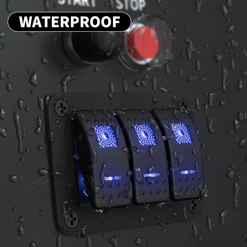 DAIERTEK Marine Switch Panel Waterproof 12V 3 Gang Rocker Switch Panel Blue LED Light Toggle Switch Aluminum Panel Pre-Wired for Car Truck Boat RV UTV ATV RZR - Image 5